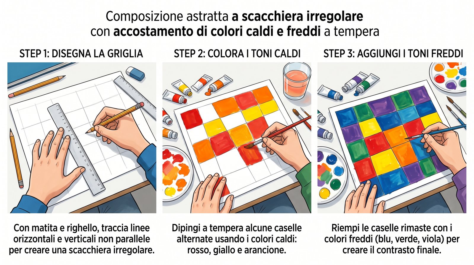 Infografica e passaggi di realizzazione: scacchiera irregolare a tempera