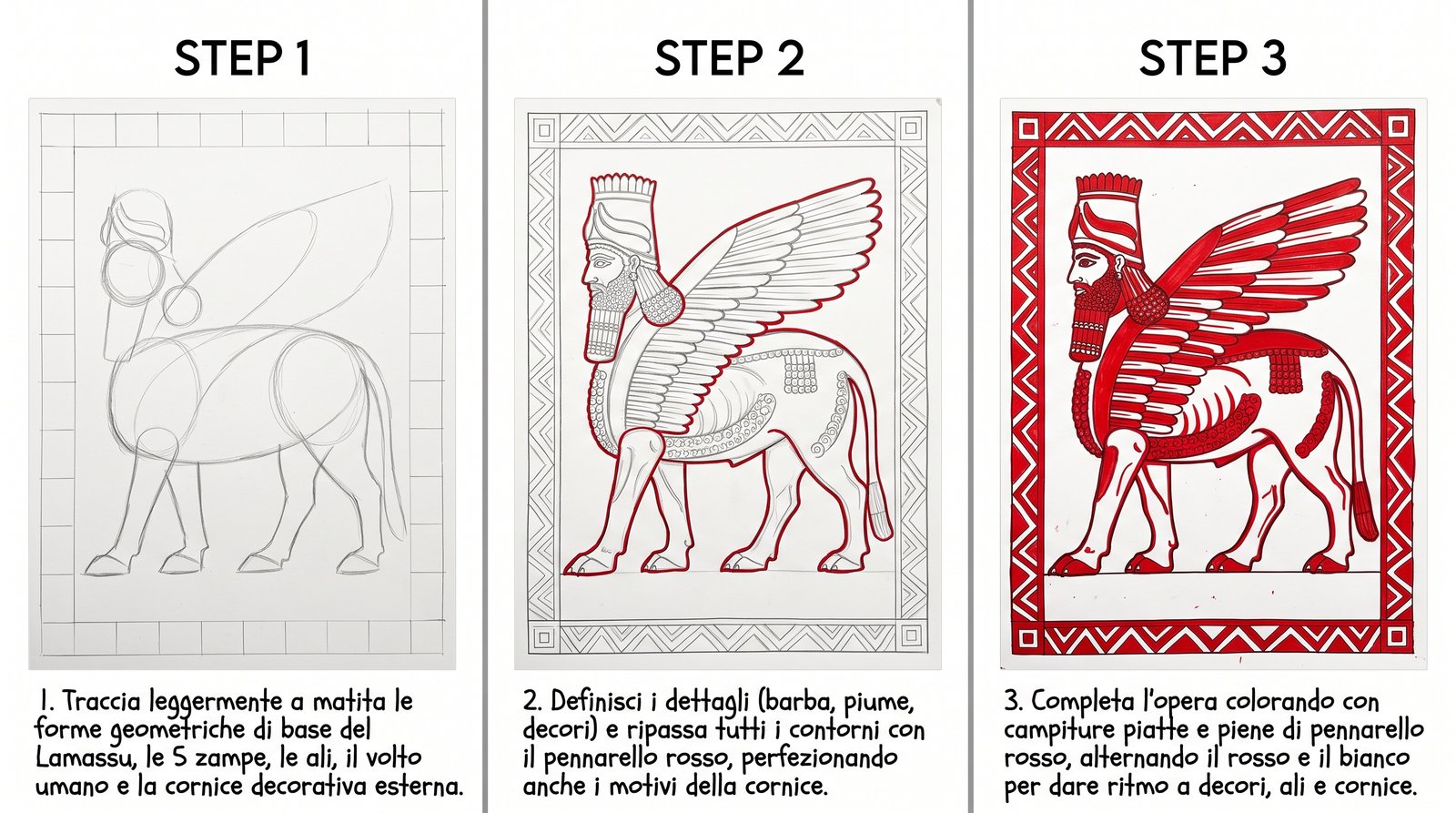 Infografica e passaggi di realizzazione: disegnare il Lamassu