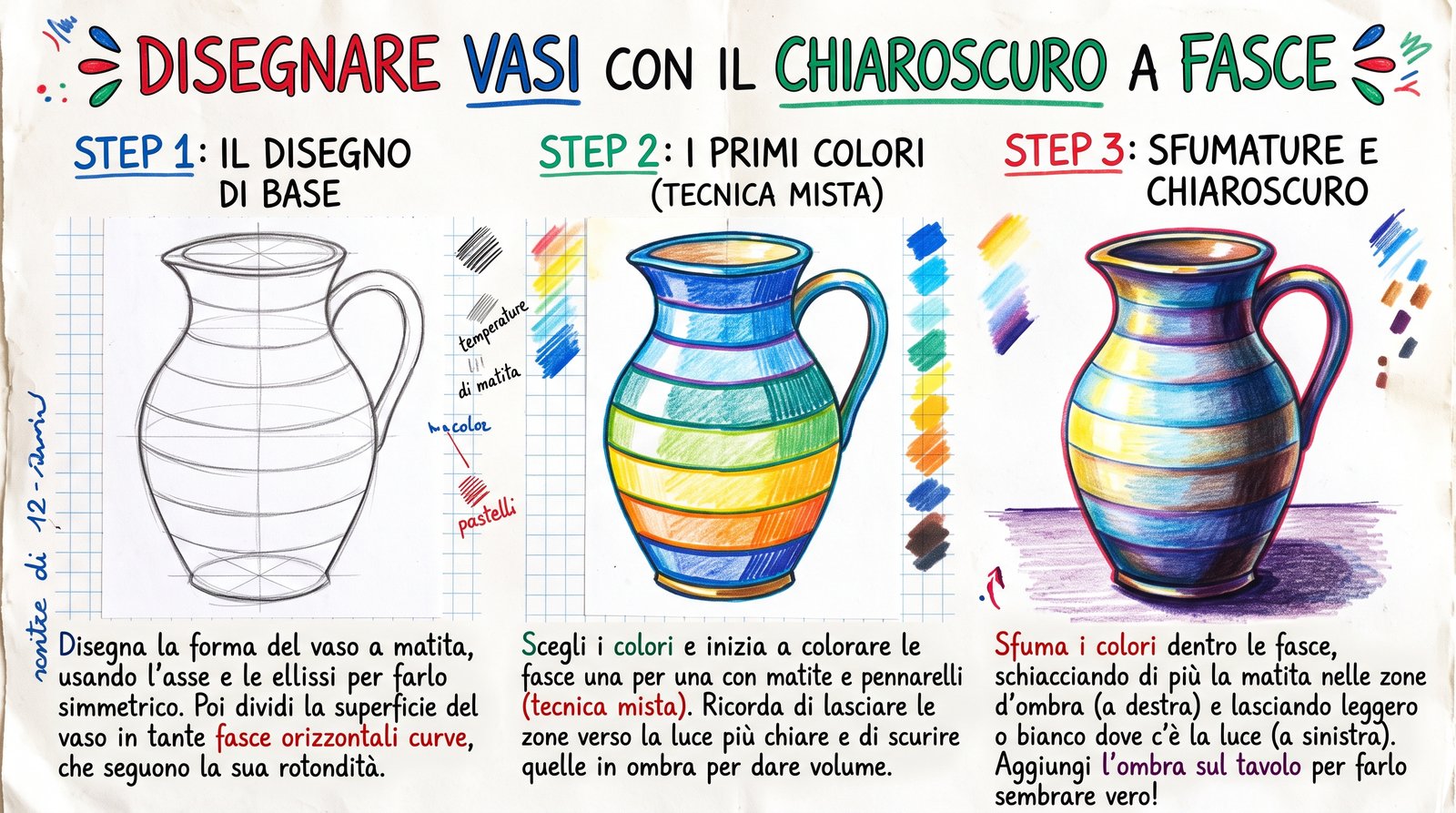 Infografica e passaggi di realizzazione: chiaroscuro colorato a fasce