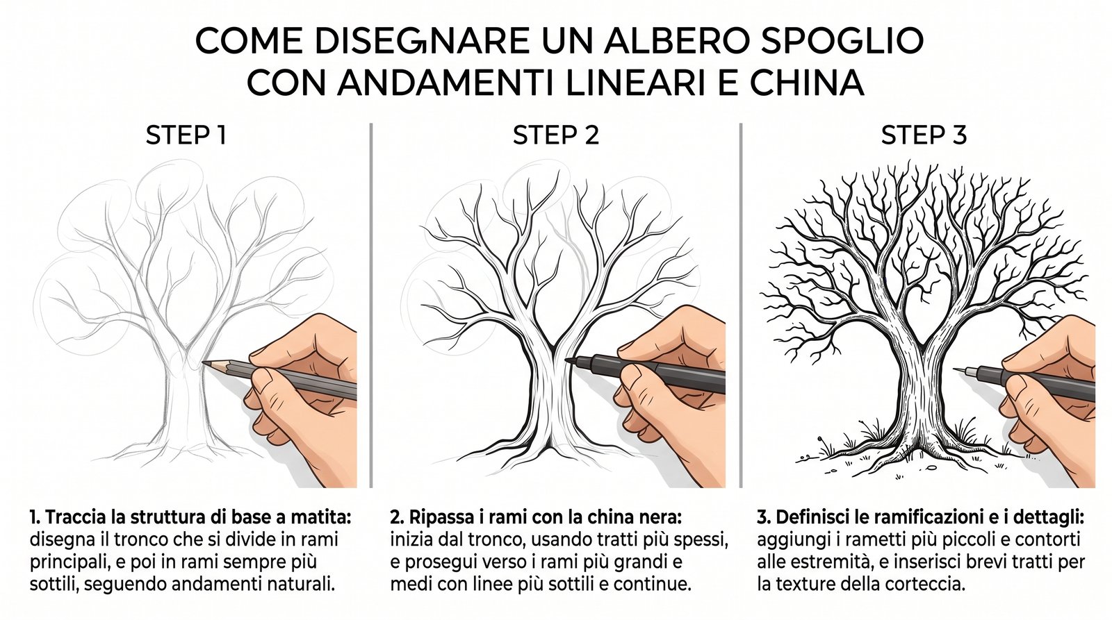 Infografica e passaggi di realizzazione: albero spoglio a china